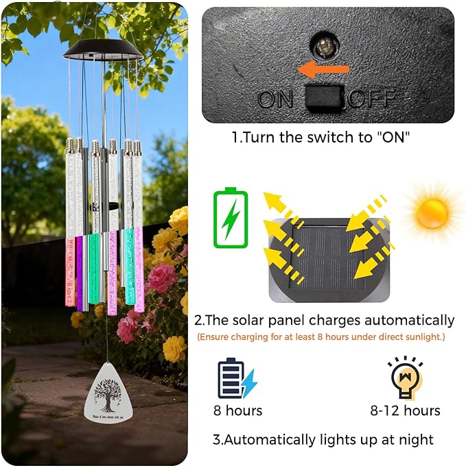 Solar Wind Chimes for Outside, 6 LED Tubes Color Changing Outdoor Clearance Unique Garden Decor Colorful Patio, Gifts for Her/Him Gift Version(37" Long)