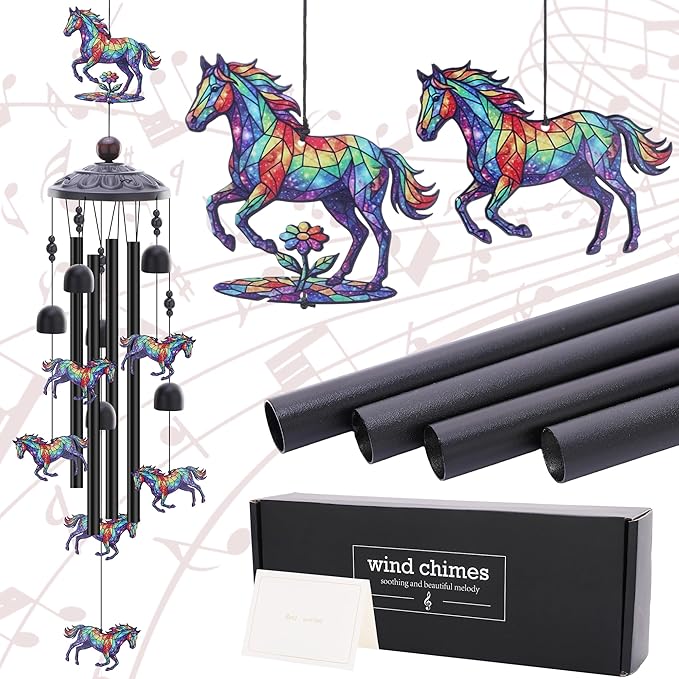Horse Decor Wind Chimes - Metal Windchime Outdoors for Garden Backyard Patio Indoor Balcony Waterproof Hanging Decoration Birthday Gift for Animal Lover Women Men Mom Grandma Wife Friends