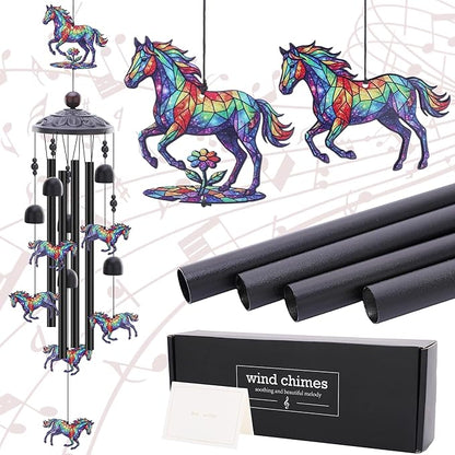 Horse Decor Wind Chimes - Metal Windchime Outdoors for Garden Backyard Patio Indoor Balcony Waterproof Hanging Decoration Birthday Gift for Animal Lover Women Men Mom Grandma Wife Friends