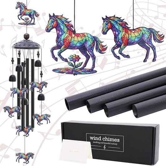 Horse Decor Wind Chimes - Metal Windchime Outdoors for Garden Backyard Patio Indoor Balcony Waterproof Hanging Decoration Birthday Gift for Animal Lover Women Men Mom Grandma Wife Friends