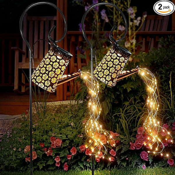2 Pcs Solar Watering Can Lights, Hanging Solar Waterfall Lights Waterproof Outdoor Garden Decor Yard Art for Porch Landscape Patio, Gardening Gifts for Mom Grandma Women ( 2 Pack with Shepherd Hooks)