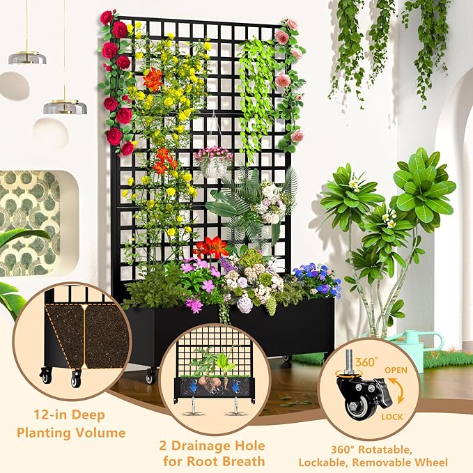 MTART Metal Planter Box with Trellis, 72.1"x47.2"x16" Galvanized Raised Garden Bed with Privacy Screen & Drainage Holes & Lockable Casters for Climbing Plants, Flower, Vegetable (Black-Grid)