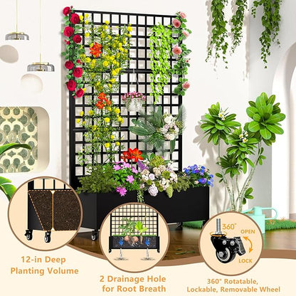 MTART Metal Planter Box with Trellis, 72.1"x47.2"x16" Galvanized Raised Garden Bed with Privacy Screen & Drainage Holes & Lockable Casters for Climbing Plants, Flower, Vegetable (Black-Grid)