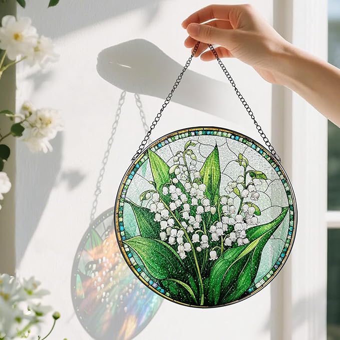 8-Inch Stained Glass Ornament, Stained Glass Window Hanging, Lily of Valley Flower Ornament, Window Hanging Decor Suncatcher | Mother's Day, Christmas, Birthday, Gifts for Mom & Flower Lovers