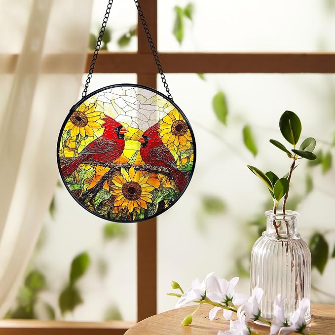 Sunflower Cardinal Suncatchers Stained Glass Window Hanging, Cardinal Gifts for Women, Sunflower Sun Catchers Indoor Window Glass Round Wall Decor, Flower Wall Hanging Decorations, 7.9x7.9in