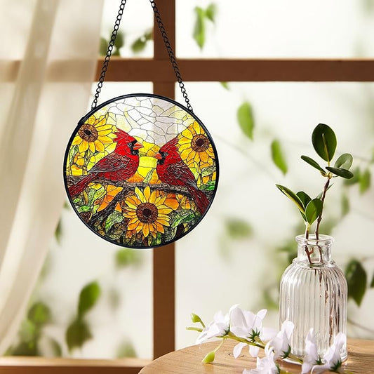 Sunflower Cardinal Suncatchers Stained Glass Window Hanging, Cardinal Gifts for Women, Sunflower Sun Catchers Indoor Window Glass Round Wall Decor, Flower Wall Hanging Decorations, 7.9x7.9in