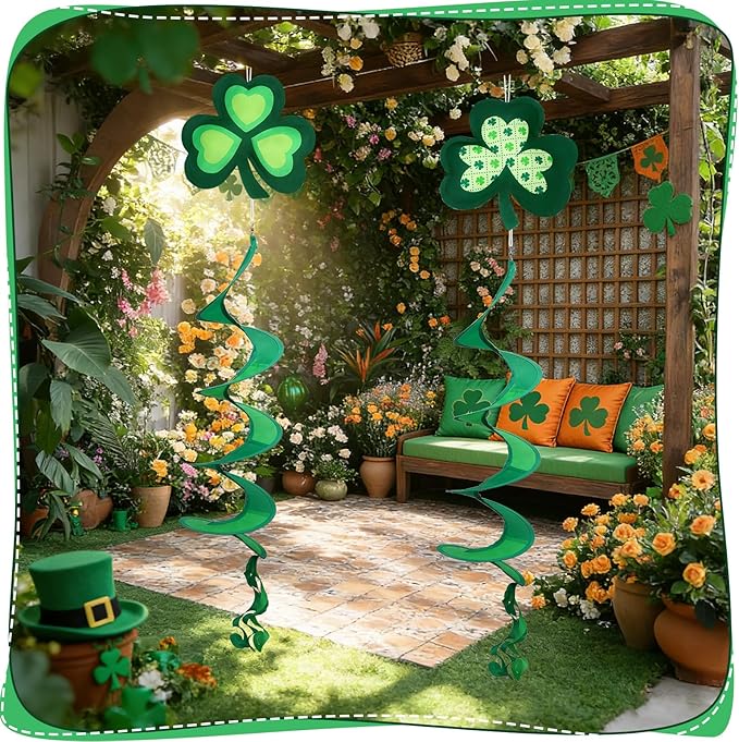 NOVWANG St Patrick's Day Wind Spinner, Green Shamrock Windsock Patrick Day Hanging Decorations Weather-Proof Polyester Irish Ornament for Garden, Patio, Lawn Hanging Decorations