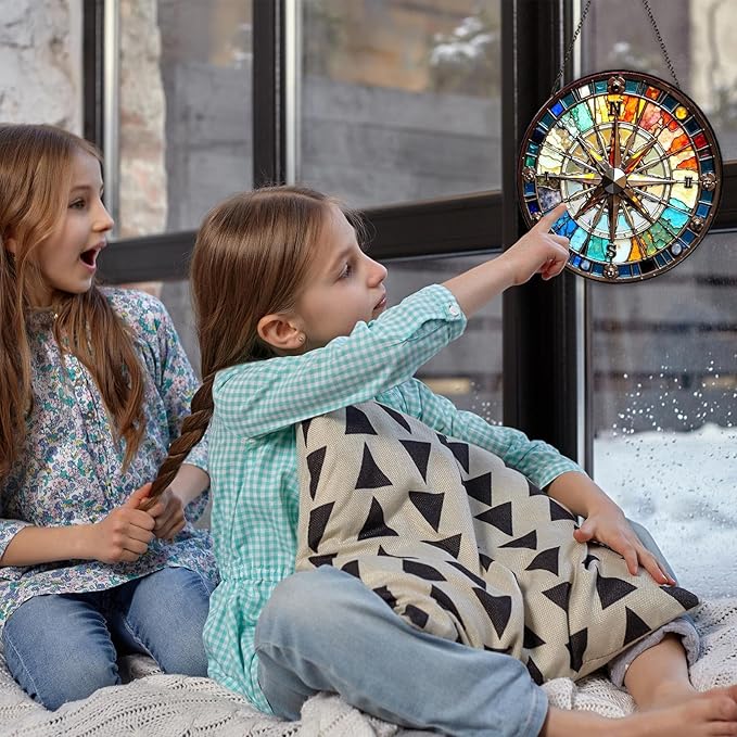 Compass Stained Glass Window Hanging Compass Sun Catcher Decor New House Decor Christmas Suncatchers for Home Windows Hanging Decoration, 7.87inch