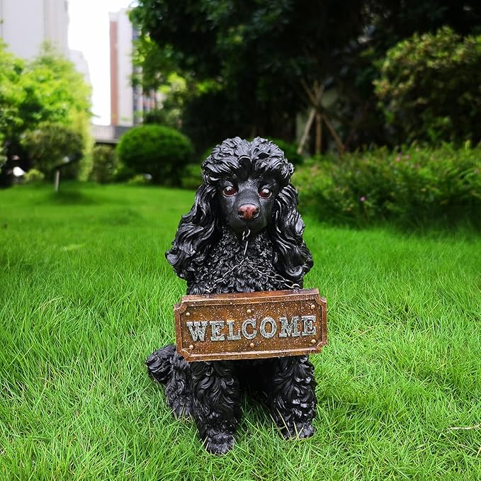 Black Poodle Garden Statue with Solar Lantern - 14.4" Large Dog Outdoor Decor with Double-Sided "Welcome/On Patrol" Sign, Waterproof Resin Puppy Figurine for Yard, Porch, Patio, Pet Memorial Gift