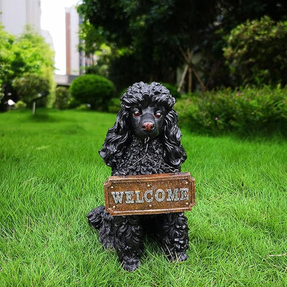 Black Poodle Garden Statue with Solar Lantern - 14.4" Large Dog Outdoor Decor with Double-Sided "Welcome/On Patrol" Sign, Waterproof Resin Puppy Figurine for Yard, Porch, Patio, Pet Memorial Gift