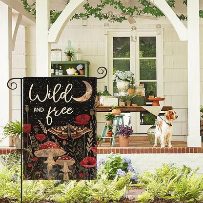 AVOIN colorlife Wild and Free Garden Flag 12x18 Inch Double Sided Outside, Mushroom Moon and Moth Yard Outdoor Flag