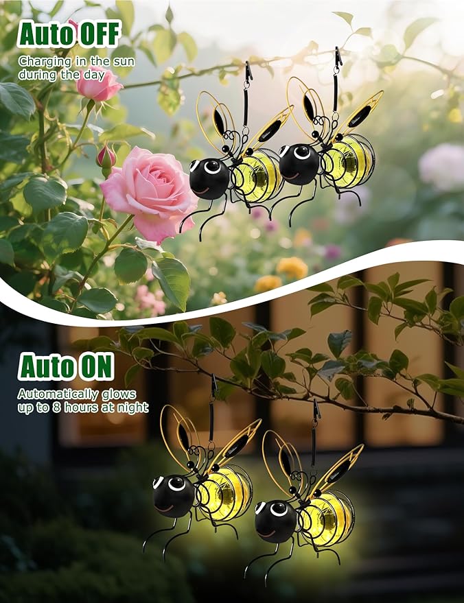 Solar Bees Lights Outdoor, 2026 New Hanging Bee Solar Garden Light,IP44 Waterproof,Outdoor Statues Figurine Lights Decorations for Balcony,Garden,Porch,Courtyard Decoration (2Pcs)