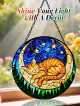 Stained Glass Window Hanging, Orange Sleeping Cat Suncatcher for Door Home Decor Moon Starry Night Sun Catcher Ornament Mother's Day Birthday Gifts for Women Men Mom 6.3 in
