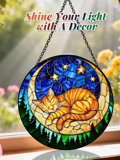 Stained Glass Window Hanging, Orange Sleeping Cat Suncatcher for Door Home Decor Moon Starry Night Sun Catcher Ornament Mother's Day Birthday Gifts for Women Men Mom 6.3 in