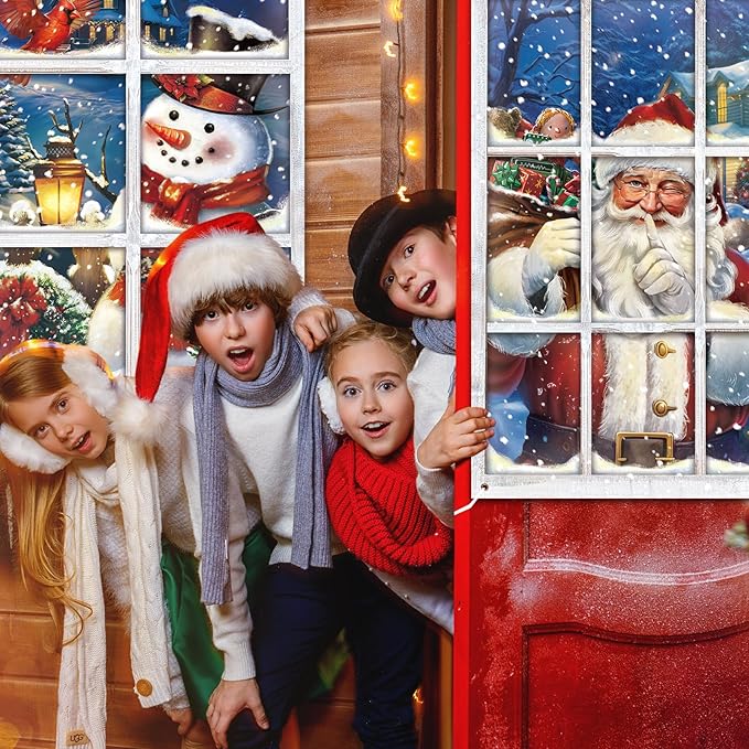 Preboun 2 Pcs Christmas Curtain Window Decoration Xmas Window Silhouette Snowflake Cover Christmas Poster for Indoor Outdoor Holiday Party Wall Garage Door Decor (Santa Claus and Snowman)