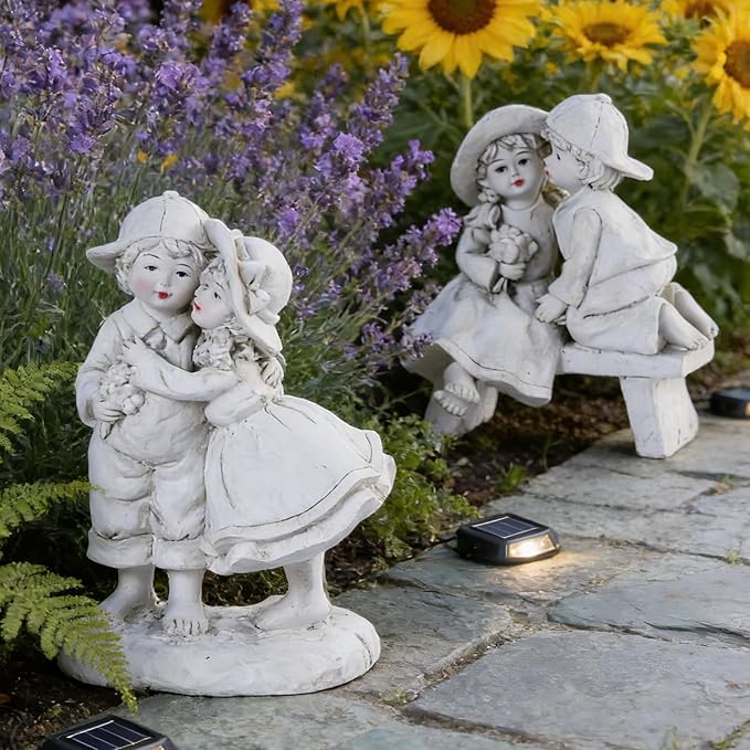 Garden Statues Boy and Girl Couple Statue, Romantic Outdoor Statues of First Kiss, Resin Garden Sculptures & Statues for Patio Lawn Yard Art, Flower Bed Decorations Outdoor