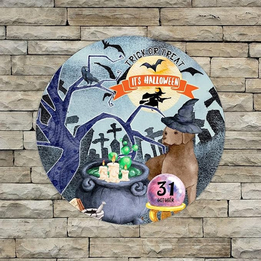 Retro Metal Sign 12"x12",Happy Halloween Scary Night Grave Witch Bats Trick Or Treat Dog Aluminum Tin Metal Sign for Home Living Room Bedroom Garden Farm Patio Decor Wall Art Poster
