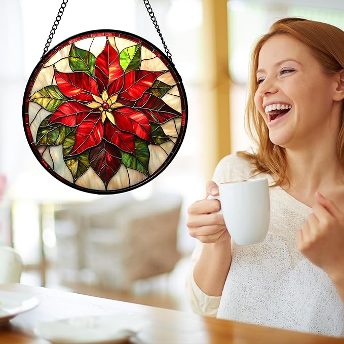 Stained Glass Window Hanging - Red Poinsettia Birth Flowers Suncatcher for Door Garden Yard Sun Catchers Decor Christmas Mother's Day Birthday Gifts for Women Mom Nana Teacher Friend 7.8 in