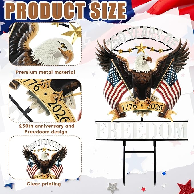 Fumete 250 Anniversary America Garden Stake 4th of July Decorations Outdoor Patriotic Independence Memorial Day Eagle Metal Stake 250th Anniversary USA 1776-2026 Yard Sign for Outside Lawn 18.9”x11.4”