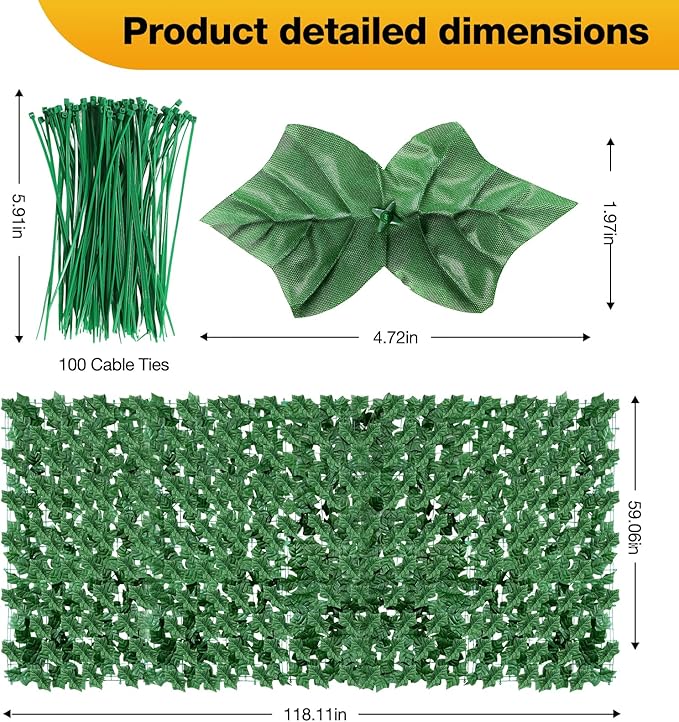 Artificial Ivy Privacy Fence Wall Screen, 39 x 118 in Garden Fake Hanging Plants Vines, Aesthetic Faux Greenery Garland Leaves with Strengthened Joint Prevent Leaves Falling Off for Outdoor Decor