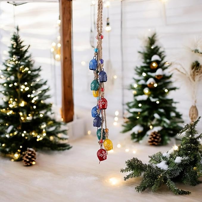 Handmade Hanging Bells Wind Chimes on Rope 10 Bell – Vintage Cow Bell Cluster for Door, Wall & Indoor Outdoor Decor – Metal Tin Bells with Jute Rope for Christmas, Farmhouse, Boho, Shabby Chic