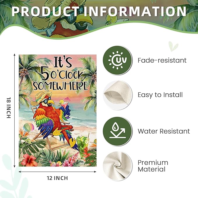 Summer Garden Flags for Outside, It's 5 O'clock Somewhere Beach Parrot Small Seasonal Decoration for Farmhouse Holiday Yard Outdoor Decor 12x18 Inch Double Sided