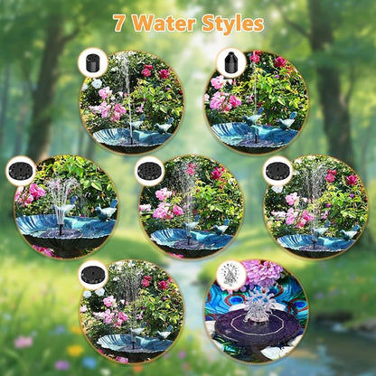 AISITIN 2.8W Solar Fountain Pump for Bird Bath Upgraded 2026, Floating Solar Powered Water Fountain Built-in 1000mAh Battery with 7 Nozzles & 3 Integrated Bracket for Bird Bath and Outdoor Garden