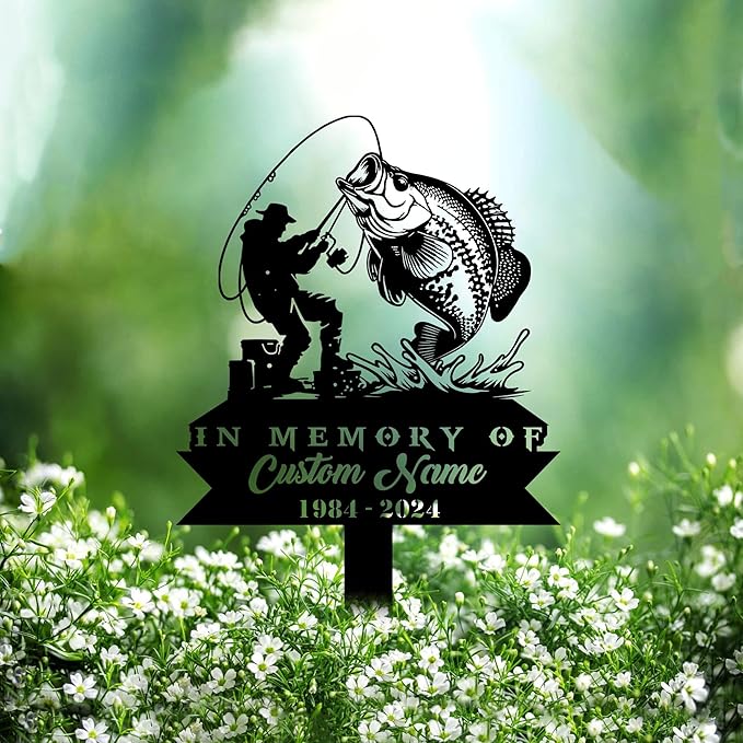 Custom Crappie Fishing Metal Memorial Stake Personalized Fisherman Catching Fish Grave Marker Name Sign Fisher Remembrance Stake Decor,Memorial Statue Sign for Garden Outdoor Outside Yard Decor.