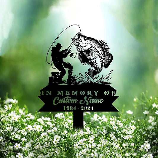 Custom Crappie Fishing Metal Memorial Stake Personalized Fisherman Catching Fish Grave Marker Name Sign Fisher Remembrance Stake Decor,Memorial Statue Sign for Garden Outdoor Outside Yard Decor.