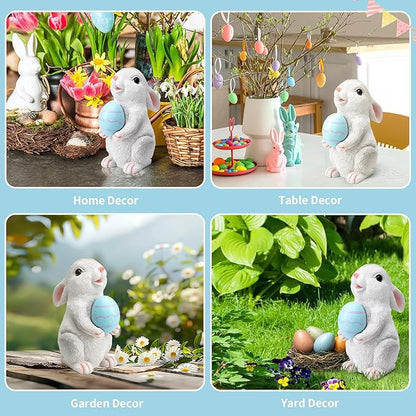 Solar Easter Rabbit Garden Statues Outdoor Easter Decorations Resin Bunny Figurine with Egg Changing LED Lights for Porch Patio Lawn Yard Gardening Gifts for Mom Grandma