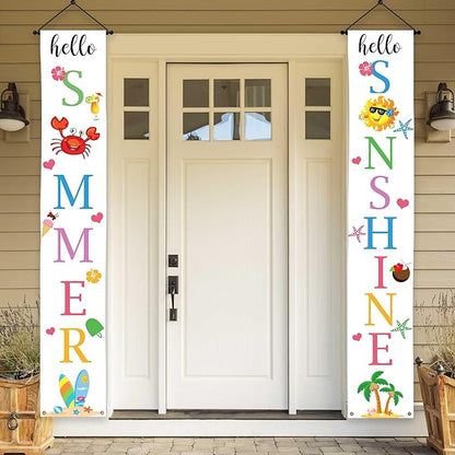 Lofaris Hello Summer Porch Sign Banner Hello Sunshine Party Decorations Beach Hanging Flag Summer Vacation Holiday Party Decor Yard Front Door Supplies
