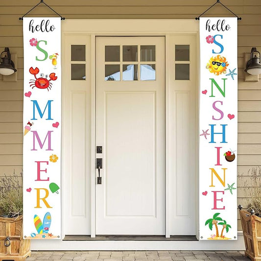 Lofaris Hello Summer Porch Sign Banner Hello Sunshine Party Decorations Beach Hanging Flag Summer Vacation Holiday Party Decor Yard Front Door Supplies