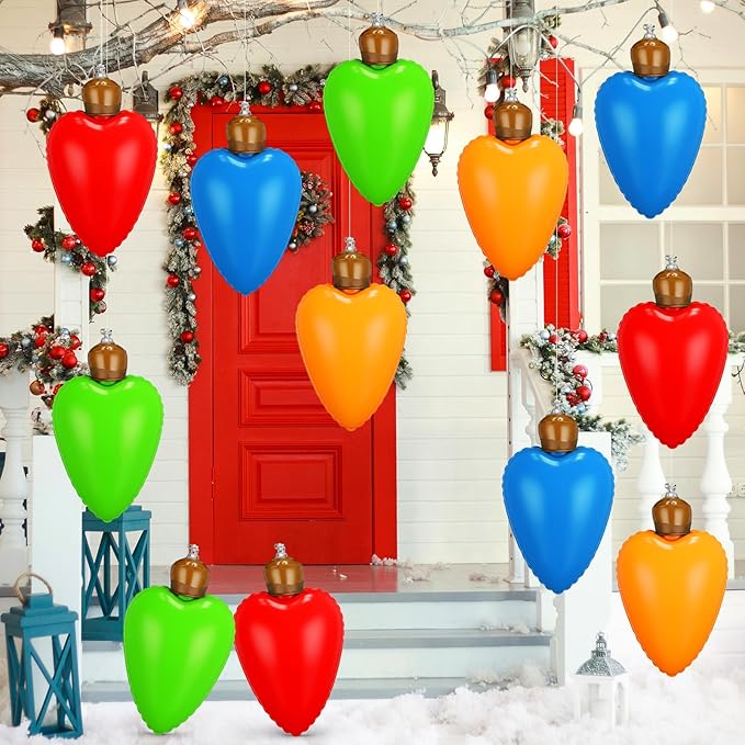 12 Pcs 10 Inch Inflatable Christmas Light Bulbs Ornaments Inflatable Christmas Ball Decorations Xmas Large Blow up Light Bulb Outdoor Indoor for Yard Lawn Tree Hanging Porch Garden Home