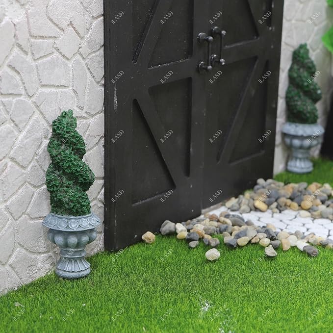 iland 1/12 Scale Fairy Garden Accessories Outdoor Mini Water Fountain & 2 Topiary Twist Trees in Pots Mini Ornaments for Garden Dollhouse Décor Dollhouse Accessories Miniatures