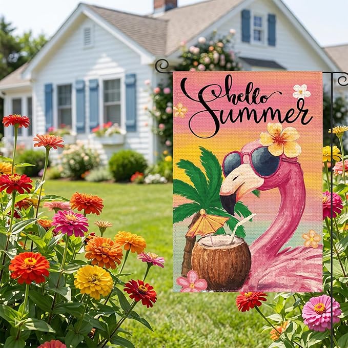 AVOIN colorlife Hello Summer Flamingo Garden Flag 12x18 Inch Double Sided Outside, Coastal Seasonal Yard Outdoor Flag