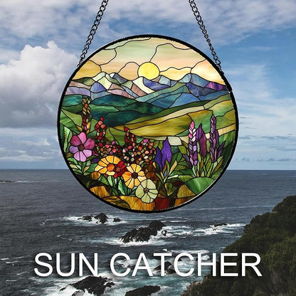 Stained Glass Window Hanging Purple Wildflowers Pastoral Scenery Large 15" - Suncatcher Door Garden Sun Catcher Home Decor Birthday Christmas for Mom Men Woman Friend