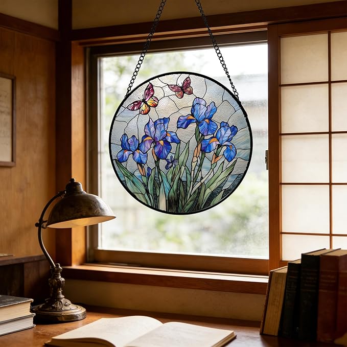 DASTOLL Stained Glass Window Hanging, Blue Iris Flowers Butterfly Suncatcher Diamond Colorful Glass Panel Sun Catchers Decor for Birthday for Women, Men, Wife, Aunt, and Mom 15x15 in