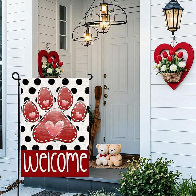 Valentines Garden Flag 12x18 Inch, Paw Print Heart Double Sided Flag for Anniversary Wedding Yard Outdoor Decoration