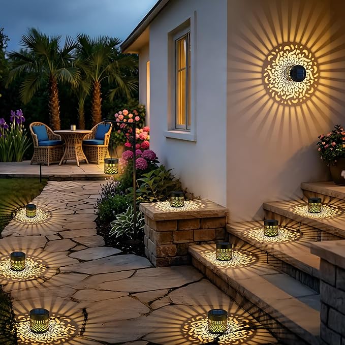 Forlivese 4 Pack Solar Powered Fence Lights, Metal Mandala Solar Lights Outdoor, LED Hanging Solar Lanterns Garden Decor for Yard, Porch, Backyard, Gifts for Mother Grandma, Warm White