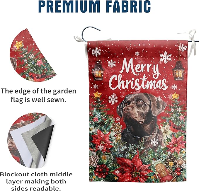 Christmas Chocolate Lab Garden Flag Merry Christmas Labrador Dog Yard Flag for Outside Xmas Flags 12x18 Double Sided Red Poinsettia Garden Flags Winter Porch Outdoor Decor