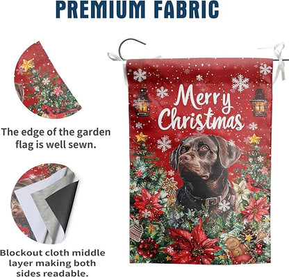 Christmas Chocolate Lab Garden Flag Merry Christmas Labrador Dog Yard Flag for Outside Xmas Flags 12x18 Double Sided Red Poinsettia Garden Flags Winter Porch Outdoor Decor