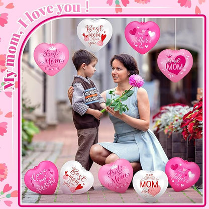 18 Pcs Happy Mother's Day Inflatable Heart Yard Decorations Large Mother's Day Heart Inflatable Hanging Ornament Giant PVC Outdoor Decoration for Mothers Day Garden Lawn Party