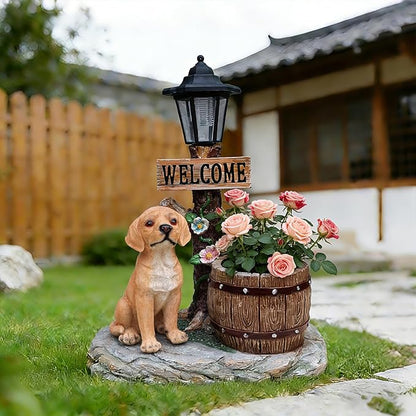 20" Solar Golden Retriever Garden Statue with Welcome Sign & Planter - Large Dog Sculpture with LED Street Lantern - Weatherproof Resin Decorative Flower Pot for Porch, Yard & Patio - Pet Lover Gift