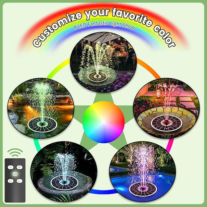 Yzert Remote Solar Fountain 2026, 6W Glass Bird Bath Fountain, 4000 mAh Solar Water Fountain Pump with 7 Nozzles & 4 Fixers, Colorful Lights for Garden, Pond, Pool, Outdoor-Adjust Water Height (8LEDs)