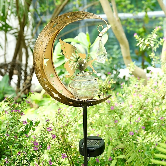 LOVERUIS Solar Garden Lights Outdoor Fairy Moon Lamp Waterproof Moon Garden Solar Light with Crackle Glass Ball LED Stake Lights Angel Decorative for Grave Balcony Lawn Patio Pathway
