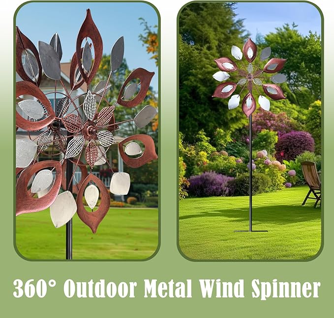GUAGUA Classical Metal Wind Spinner Outdoor, 360 Degrees Swivel Wind Spinners for Yard and Garden, 74 in Wind Sculptures Willow Leaves Patio Decor (Red)