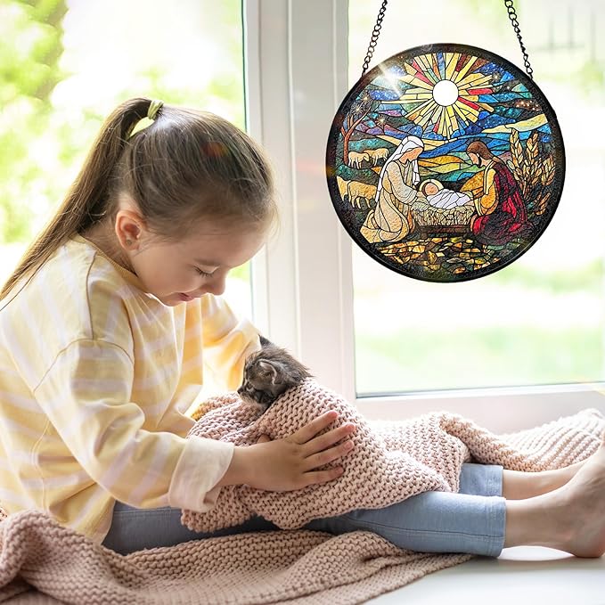7.8 Inch Stained Glass Window Hanging Nativity Scene Sun Catcher Indoor Window Door Wall Yard Home Decor Colorful Glass Panel Suncatcher Religious Christian Gift for Women Men Mom Grandma