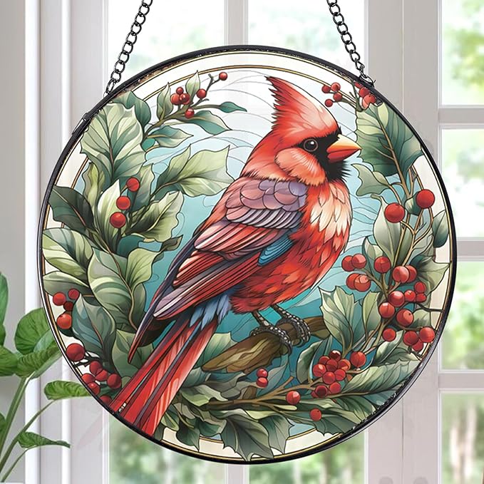 Rngmsi Cardinal Stained Glass Window Hanging Decor, 7.8″ Sun Catchers Stain Glass Window Hanging Indoor, Bird Suncatcher Home Wall Art Gift for Thanksgiving Christmas Housewarming