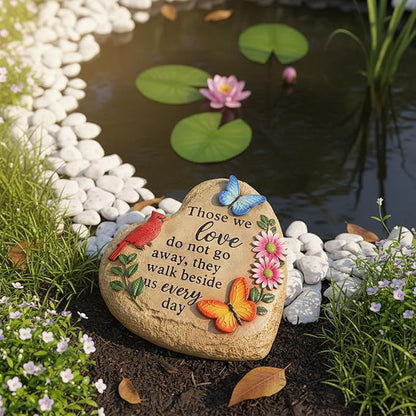 Memorial Stones for Loved Ones Outside with Cardinal Butterfly Flowers, Sympathy Gifts for Loss of Loved One Waterproof Resin Grave Decorations for Cemetery 10 inch