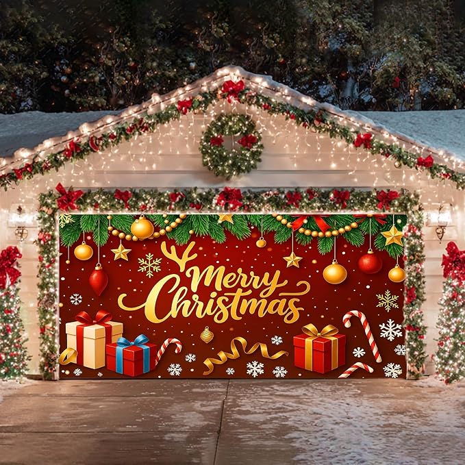 HOMETITUTE Christmas Garage Door Cover 13x6ft Merry Christmas Gold Letters Red Bow Green Pine Seasonal Banner Outdoor Indoor Holiday Decoration Winter Party Backdrop Gift Boxes Candy Cane Wall